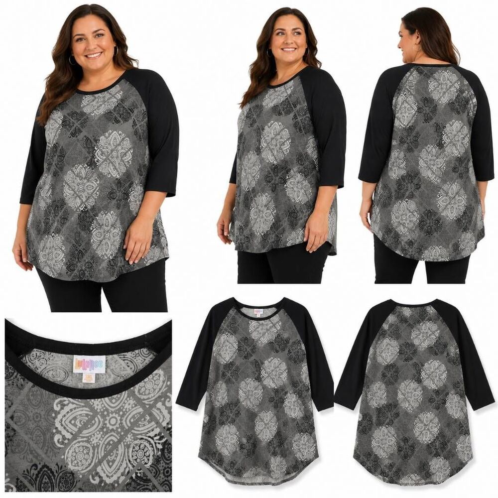 LuLaRoe 3XL Gray Black Paisley Randy Raglan Top